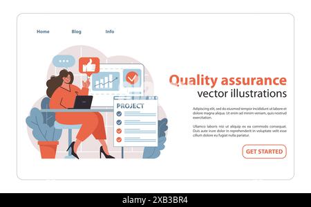 Quality Control in Project Management set. Manager reviewing performance metrics for excellence. Ensuring project meets all checkpoints. Flat vector illustration. Stock Vector