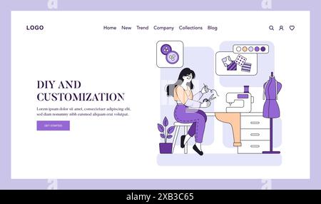 Personalization concept. A woman engages in DIY tailoring, customizing clothes at home. Sewing machine, fabric, mannequin illustrate the creative process. Vector illustration. Stock Vector