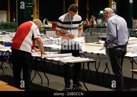 Votes are counted at the Royal Dublin Society for the European elections. Picture date: Monday June 10, 2024. Stock Photo