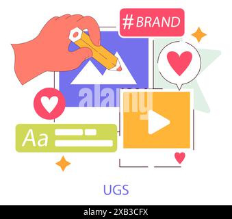 Brand Engagement concept. An illustration portraying audience interaction with brand content online, featuring likes and social media symbols. Vector illustration. Stock Vector