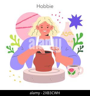 Pottery hobby concept. A cheerful woman crafts a clay pot on a potter's wheel, surrounded by creative details and plants. Craft workshop leisure activity. Vector illustration. Stock Vector