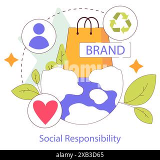 Social responsibility concept. Engaging companies in sustainable practices with community and environmental care. Ethical business and consumerism. Vector illustration. Stock Vector