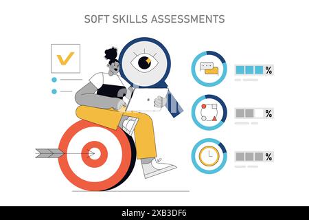 Soft Skills Training concept. A person with a magnifying glass analyzing core competencies. Personal development target and progress charts. Vector illustration. Stock Vector