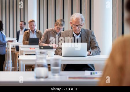 Senior businesswoman using laptop at table in office cafeteria Stock Photo