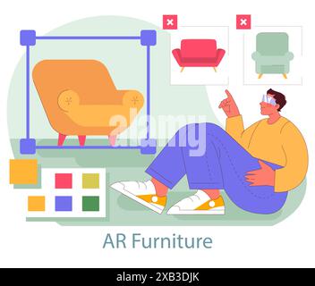 Immersive marketing concept. A person using augmented reality to choose furniture. Virtual interior design and digital technology interaction. Vector illustration. Stock Vector