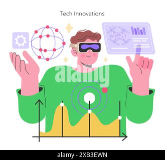 Maker Culture concept Man with VR headset interacts with futuristic technology, symbolizing the cutting-edge of tech innovations and virtual possibilities Vector illustration Stock Vector
