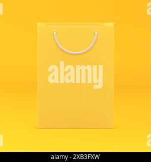 Sale paper shopping bag 3d yellow package retail marketing advertising realistic vector illustration. Discount store shop market supermarket goods car Stock Vector