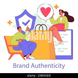 Brand Authenticity concept. Consumers engaging with genuine brand values. Trust and love symbols in customer relations. Vector illustration. Stock Vector