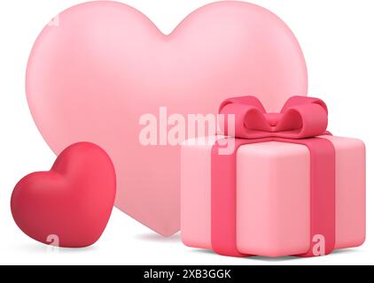 Love gift surprise pink wrapped box with bow red heart enamored holiday celebration 3d icon realistic vector illustration. Present cardboard container Stock Vector