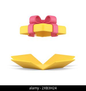 Yellow gift box open cardboard container with red bow ribbon 3d icon realistic vector illustration. Present festive congratulations surprise package w Stock Vector