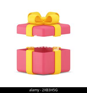 Present holiday pink wrapped package festive congratulations surprise 3d icon realistic vector illustration. Gift box open cap with yellow bow ribbon Stock Vector