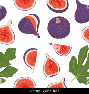 Seamless pattern of whole figs, fruit quarters, cut in half, and leaves. Vector illustration in flat style Stock Vector
