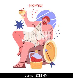 Ancient Greek Gods concept. Dionysus, the deity of wine and festivity, enthrones with chalice and thyrsus. Elements of mythology and celebration atmosphere. Vector illustration. Stock Vector