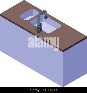 Isometric view of a modern kitchen sink, featuring a stainless steel faucet, a brown countertop, and a sleek, minimalist design Stock Vector