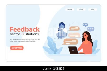 Online feedback concept visualized. Woman at laptop connecting with virtual representative, discussing responses and insights. Prompt communication, effective chat, clarity in understanding. Stock Vector