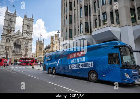 London, UK.  10 June 2024.  A decorated bus endorsing the Conservative party is parked near Westminster Abbey.  As campaigning for the July 4th General Election continues, representatives of the main political parties use their own so called ‘battle bus’ to travel around the country in to get their messages to constituents.  Credit: Stephen Chung / Alamy Live News Stock Photo