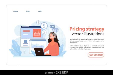 Market penetration concept. Expert devises pricing strategy on laptop amidst finance icons. Optimizing product cost. Digital analysis. Flat vector illustration. Stock Vector