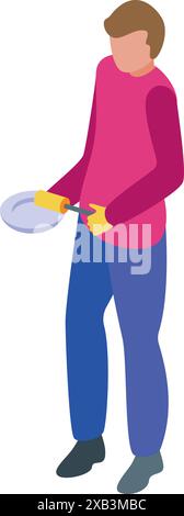 Baker kneading dough on plate using rolling pin for baking pastry in isometric illustration Stock Vector