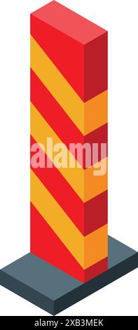 Red and yellow striped traffic bollard standing on a square base, an isometric icon Stock Vector