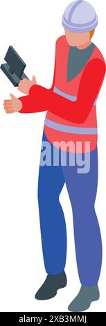 Construction manager wearing a safety helmet and vest, holding a tablet and gesturing while working on a construction site Stock Vector