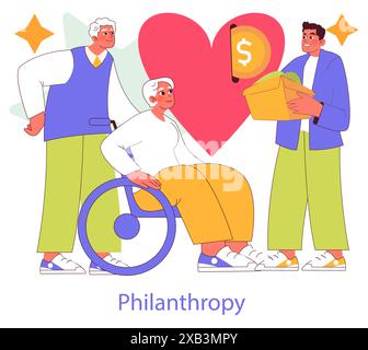 Social Responsibility concept. Elderly wheelchair assistance and donation act. Caring for seniors, financial support for the needy. Vector illustration. Stock Vector