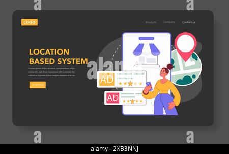 Mobile marketing concept. A person interacts with targeted ads on phone based on their location, highlighting modern advertising techniques. Vector illustration. Stock Vector