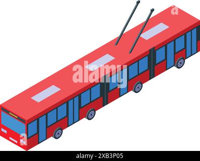 Red trolleybus driving through city street with pantograph extended isometric icon 3d Stock Vector