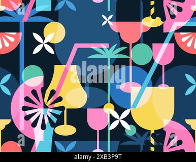 Multicolor cocktails seamless pattern. Summer tropical beach bar abstract color block geometric print background. Vector illustration. Night party ban Stock Vector