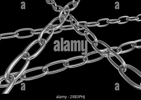 Strained chains from metal. Security and power concept. Isolated on black background Stock Photo