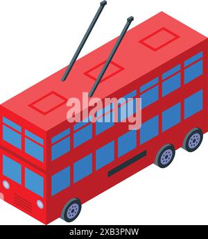 Red double decker trolleybus driving through city center isometric illustration Stock Vector