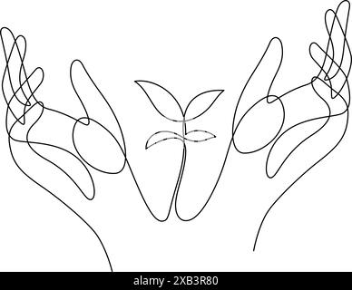 sapling care with two hands one line continuous drawing save world plant and environmental concept Stock Vector