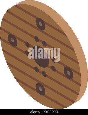 Round wooden shield with metal rivets, protecting from attack, in isometric view Stock Vector