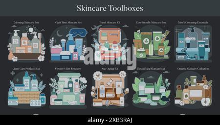 Skincare Toolbox concept. Diverse collection of skincare kits for various needs and routines, from morning to eco-friendly sets. Detailed and thematic skincare essentials. Vector illustration. Stock Vector