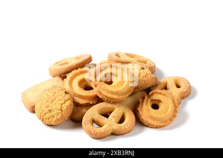 Set of danish butter cookies macro cutout. Five whole pretzel, round and rectangular shortbread biscuits with sugar on white background. Danish pastry Stock Photo