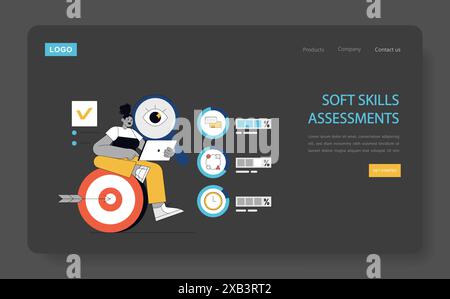 Soft Skills Training concept. Interactive web page with graphics showing evaluation of interpersonal abilities. Personal development markers and progress. Vector illustration. Stock Vector