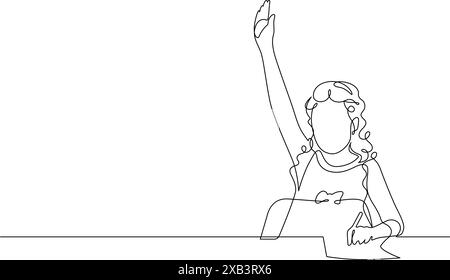 continuous line drawing of school girl raising hand for signal answer and questions in classroom vector Stock Vector