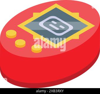 Red virtual pet game featuring a pixelated screen and yellow buttons, bringing back the nostalgia of 90s handheld gaming Stock Vector