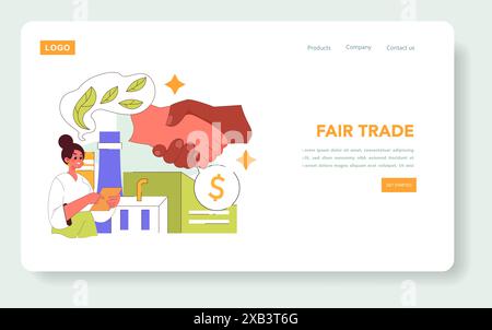 Social Responsibility concept. Ethical business handshake and profit-sharing depicted on a website interface. Sustainable practices and equitable growth promotion. Vector illustration. Stock Vector