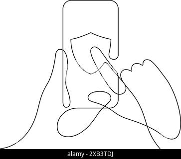 hand using mobile security privacy app protection close up one line illustration continuous Stock Vector