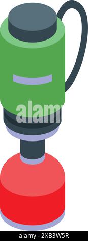 Green and red camping gas lamp standing on a white surface and emitting light Stock Vector