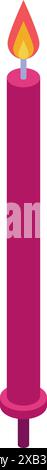 Simple illustration of a long pink birthday candle burning with a bright flame in an isometric style Stock Vector
