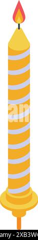 Tall lit birthday candle with yellow and white stripes burning brightly Stock Vector