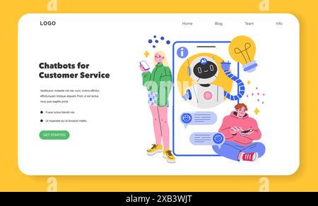 Chatbots for Customer Service concept. Digital customer support page with chatbot and users interacting. Vector illustration in a modern, flat design style. Stock Vector