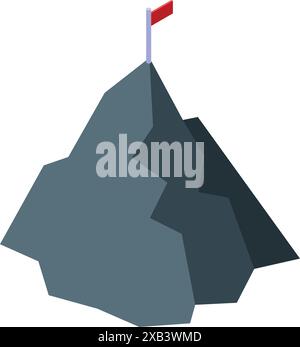Gray mountain with a red flag planted at its peak represents achieving goals and overcoming challenges Stock Vector