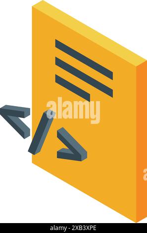 Isometric icon of html tag appearing from a yellow notepad representing front end development Stock Vector