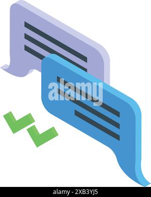 Two speech bubbles are overlapping with two green check marks, representing a successful online conversation Stock Vector