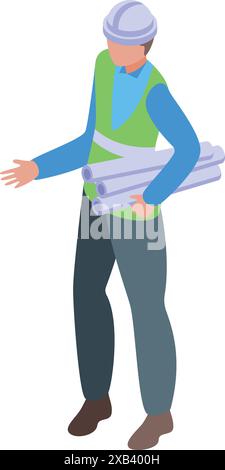 Construction site manager wearing a safety vest is holding blueprints Stock Vector
