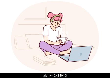 Schoolgirl watches webinar in laptop receiving distance education sitting on bed and making notes in workbook. Girl is engaged in self-education watching webinars and educational videos Stock Vector