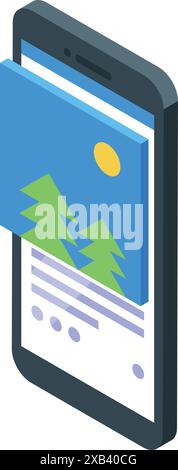 Social media app displaying a photo of a sunny landscape with pine trees Stock Vector