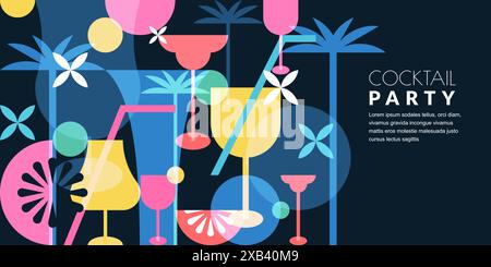 Night beach cocktails party horizontal banner, poster template. Tropical bar vector color block illustration. Abstract geometric flat background. Alco Stock Vector